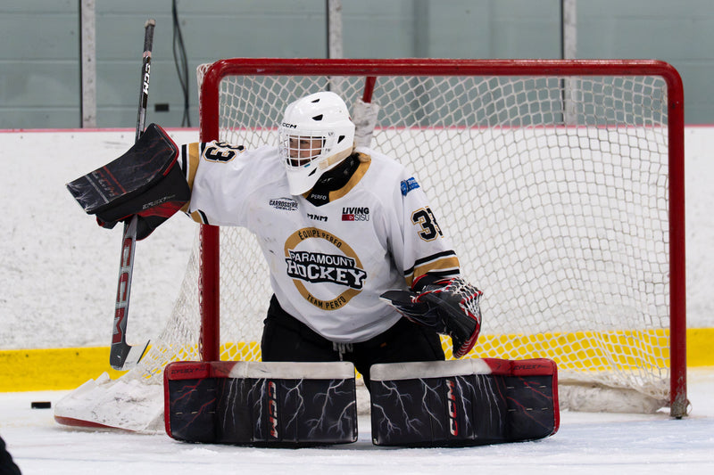 Paramount Hockey goalie in the crease at camp